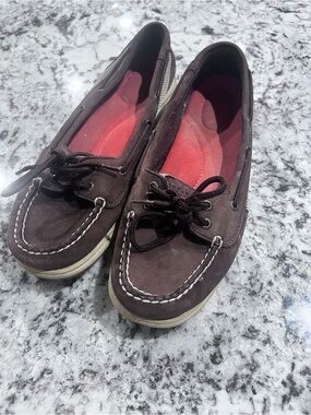 Sperry Brown Suede Boat Shoes with Pink Insole